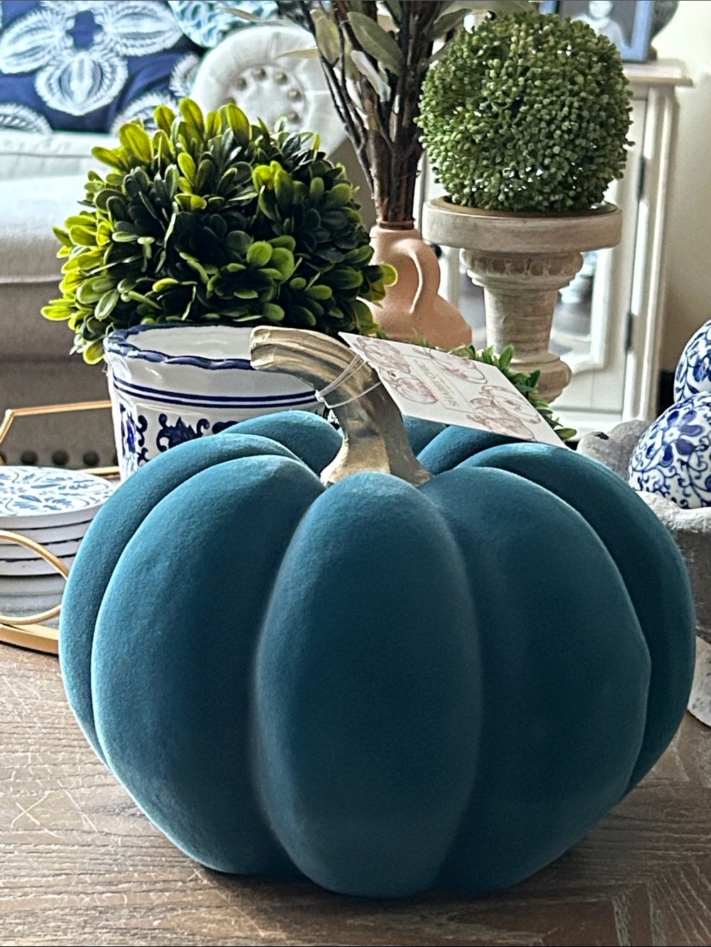 NEW! LARGE Fall Autumn Harvest Teal Velvet Flocked Pumpkin with Gold Stem